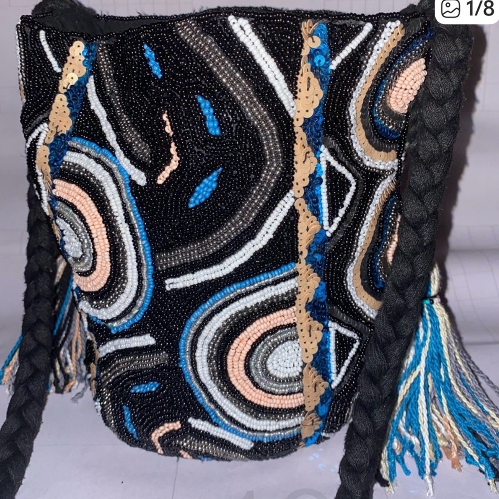 Sam Edelman Multi-color Beaded Shoulder Bucket Bag with Blue and Cream Accents